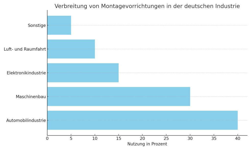 Ein Balkendiagramm zeigt die Nutzung von Montagevorrichtungen in verschiedenen Industriezweigen in Deutschland. Die Automobilindustrie führt mit 40%, gefolgt vom Maschinenbau mit 30%, der Elektronikindustrie mit 15%, der Luft- und Raumfahrt mit 10% und sonstigen Branchen mit 5%