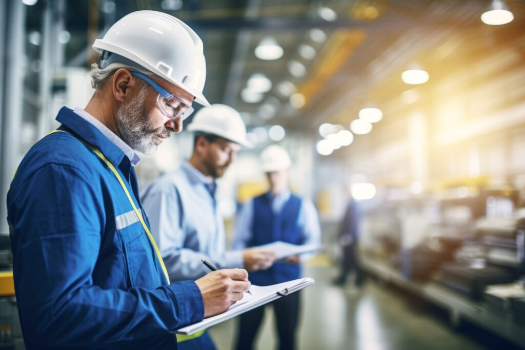 Ein Qualitätsmanager im blauen Arbeitsanzug und Schutzhelm führt eine Inspektion in einer Produktionshalle durch, während zwei weitere Ingenieure im Hintergrund arbeiten.