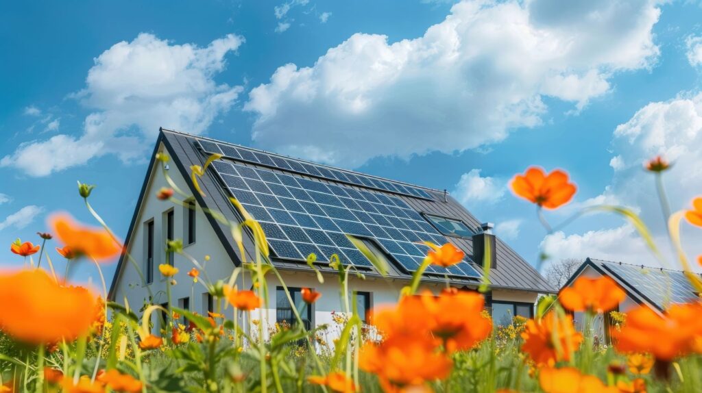 Haus mit Solaranlage auf dem Dach, umgeben von blühenden Blumen, unter einem sonnigen Himmel, symbolisiert die Wichtigkeit von Fachkenntnissen und gesetzlichen Vorgaben für die Installation von Photovoltaikanlagen.