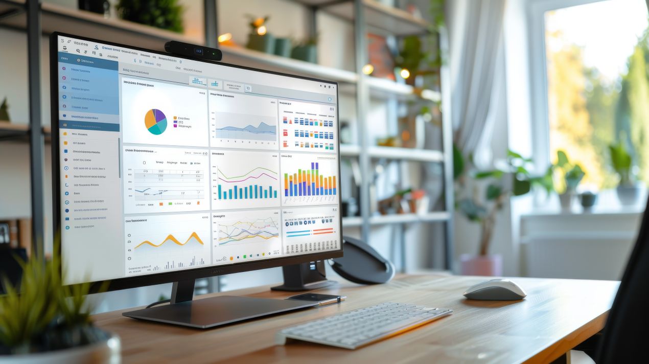 Monitor mit interaktiven Dashboards und Statistiken, symbolisiert die Analyse von Fortschritten in E-Learning Kurs Datenschutz.