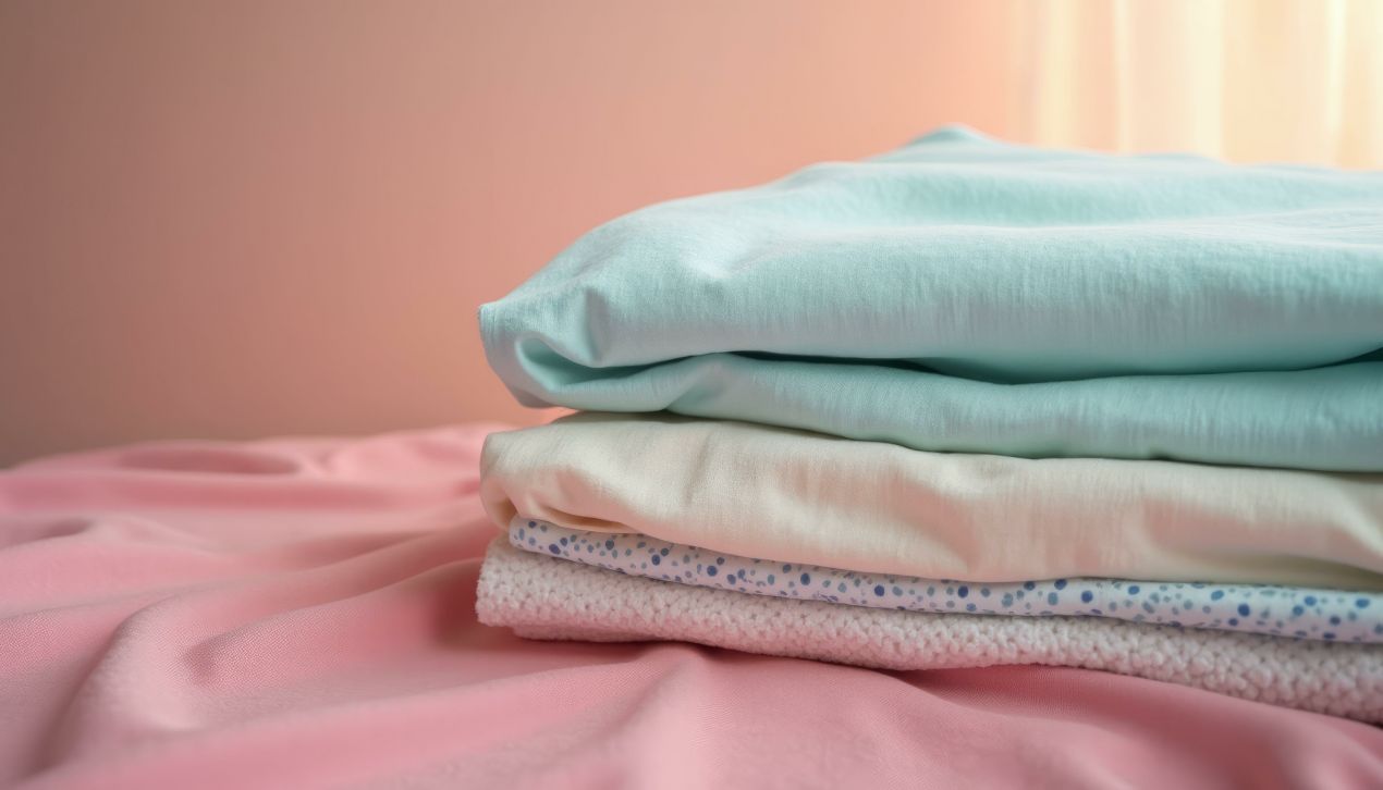 Sanft gefaltete Jersey Bettwäsche in Mintgrün, Creme und Rosa, gestapelt auf einem weichen Untergrund mit romantischer Lichtstimmung.