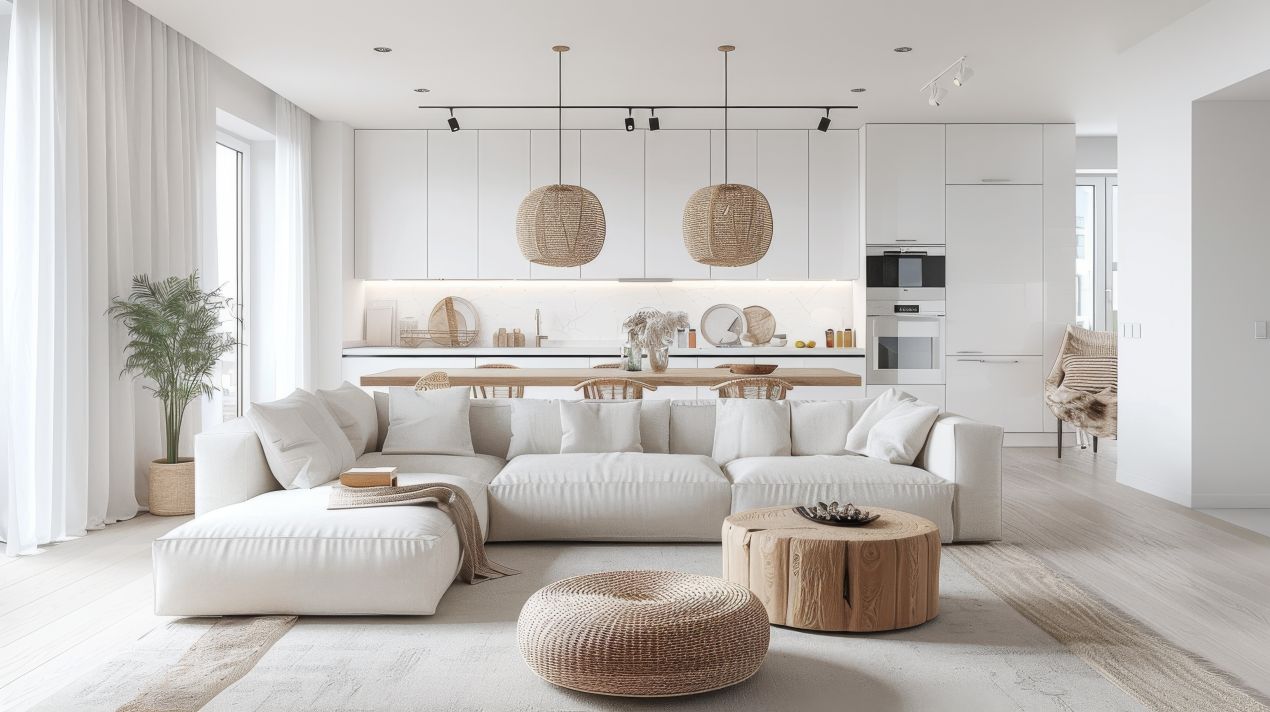 Lichtdurchflutetes Wohnzimmer in skandinavischem Stil mit weissem Sofa, Holzdetails und ruhiger Raumwirkung – inspiriert von Akustikpaneel Eiche als Gestaltungselement