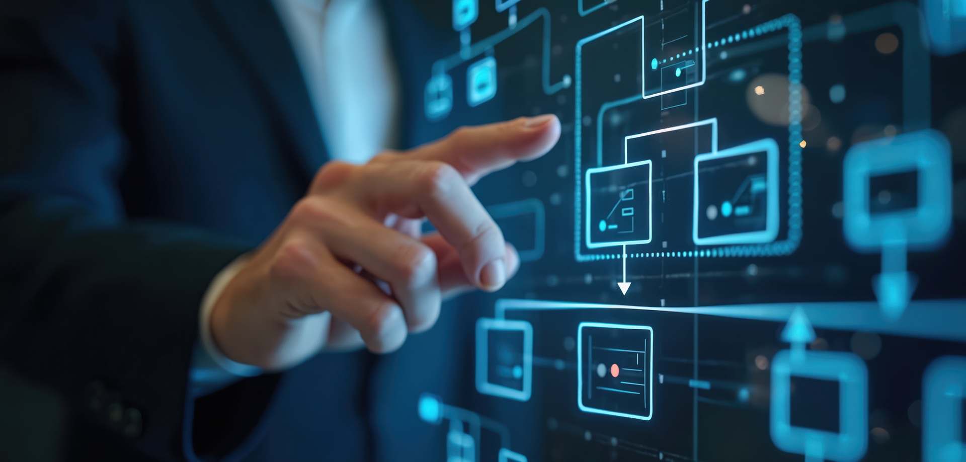 Hand zeigt digitale Prozessstruktur | Software Musikfachhandel