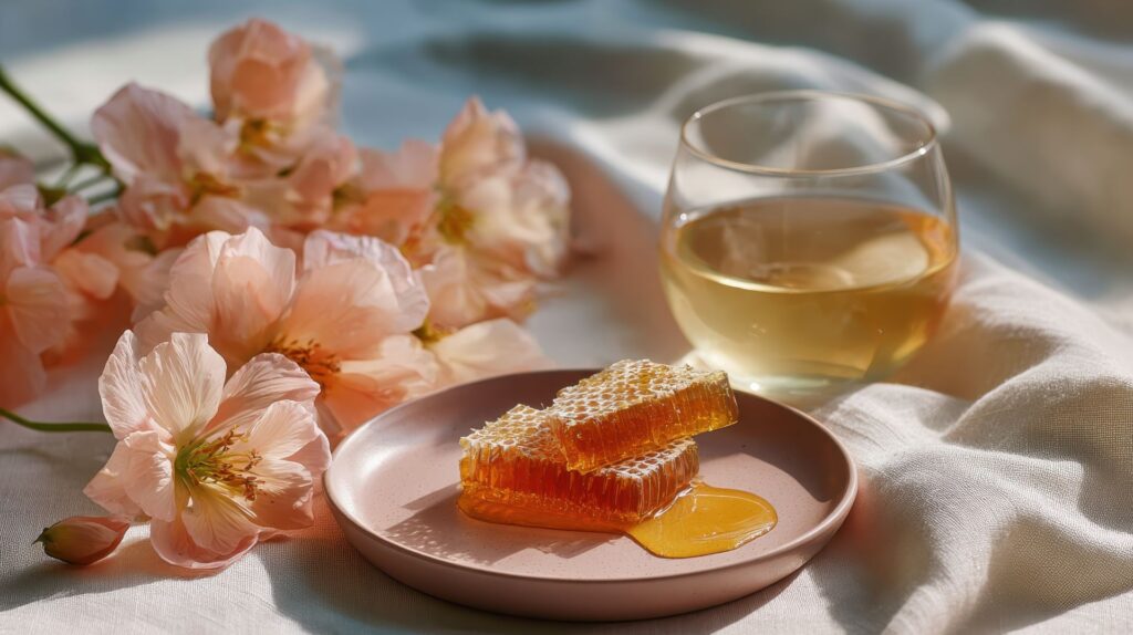 Frische Honigwaben mit goldenem Honig neben zarten Blüten und einem Glas Tee auf heller Stoffdecke