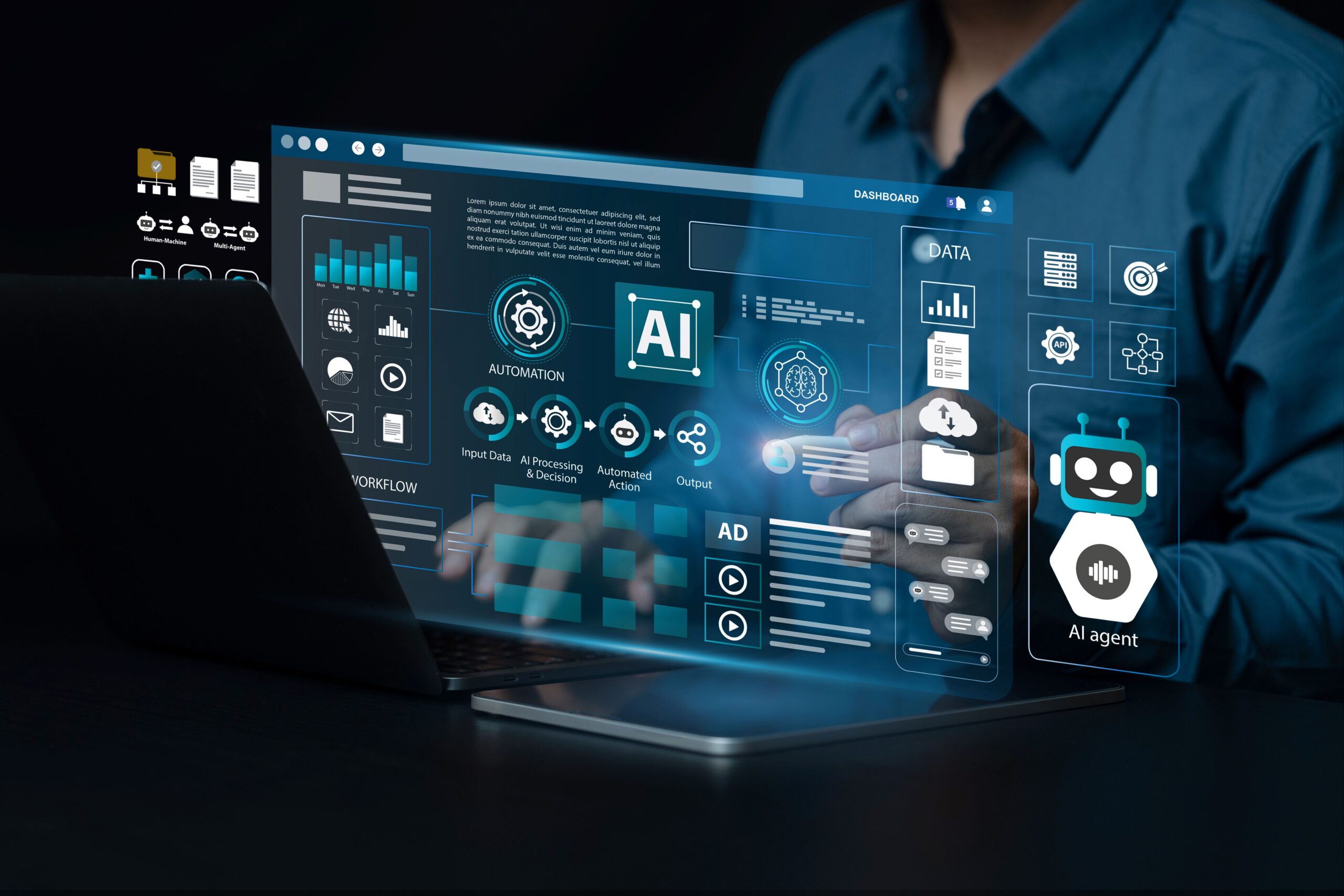 Businessperson steuert digitales Dashboard mit AI-Funktionen
