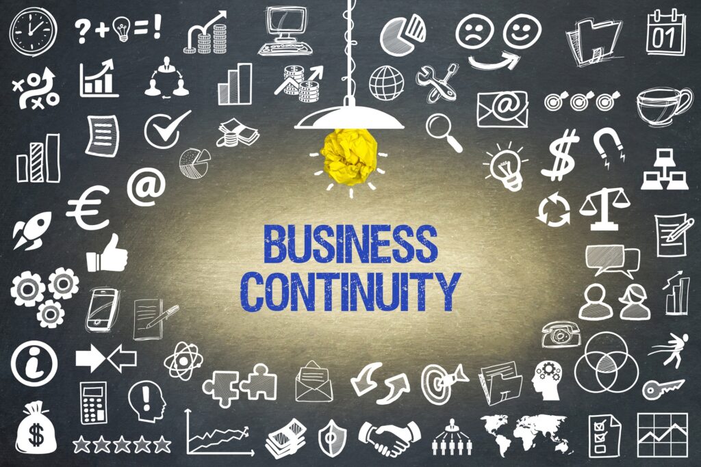 Business Continuity Schriftzug und Business Symbole | Sachverständiger Löschanlagen
